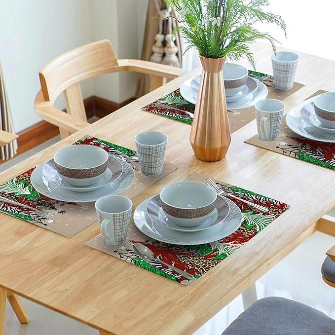 Watercolor Xmas Tree Placemats for Dining Table Set of 4, 12 x 18 Inch Winter Snowflake Heat Resistant Xmas Linen Dining Table Mats for Home Kitchen Tabletop Decoration