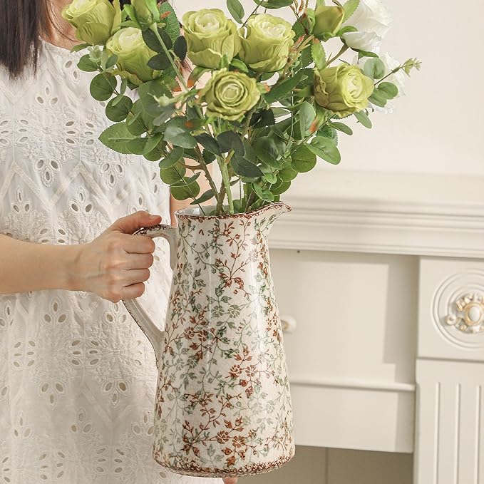 Enra Pitcher vase with Handle,12.2 in Ceramic Vintage Chinoiserie Floral Vase,Green and Beige Decorative Flower vase,Large Rustic Vases for Home Decors, Living Room, Bookshelf, Office