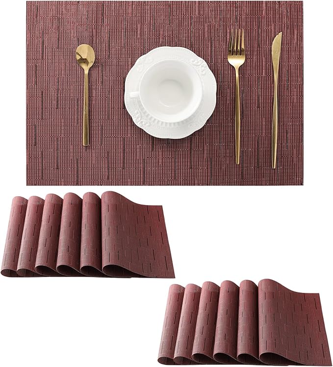 Leetaltree Burgundy Placemats Set of 12 - Heat Resistant Non-Slip Place mats for Dining Table, Washable Durable PVC Vinyl Woven Table Mats(Burgundy, 12)
