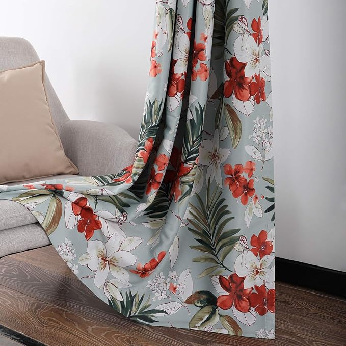 Leeva Room Darkening Curtains for Bedroom, Spring Flowers and Leaves Print Thermal Insulated Light Reducing Drapes for Dining Room, 2 Panels, 52 x 84, Green