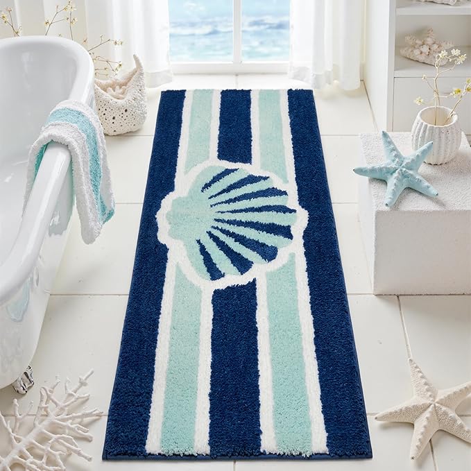 Navy Blue Beach Long Bathroom Rugs Runner Non Slip Washable Cute Coastal Bath Mats Rugs for Bathroom Floor Nautical Fluffy Plush Soft Absorbent Farmhouse Carpet for Shower, Tub, 20x47 inch