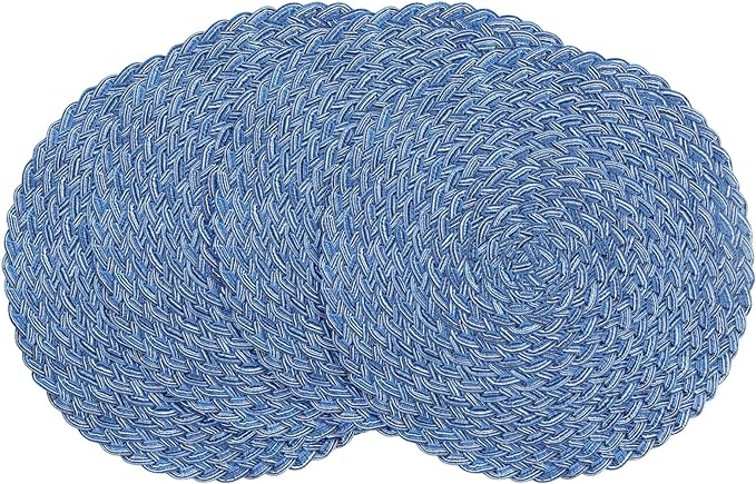Floroom 15 Inch Round Braided Placemats Set of 4, Washable Heat Resistant Cotton Polyester Circle Boho Place Mats for Kitchen Dining Table - Seascape Blue