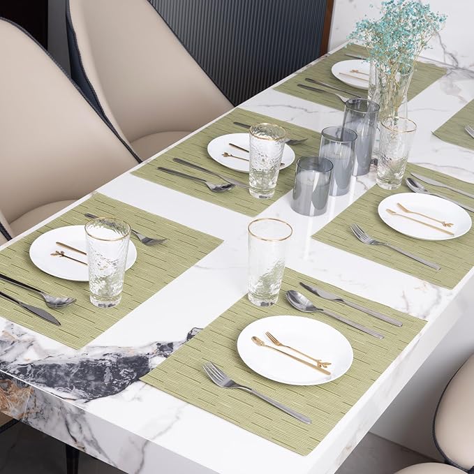 Winknowl Placemats Set of 4, Heat Resistant Stain Resistant Woven Vinyl Insulation Place mats, Durable Washable Elegant Table Mats for Kitchen Dining Table Decor (Bamboo Green)