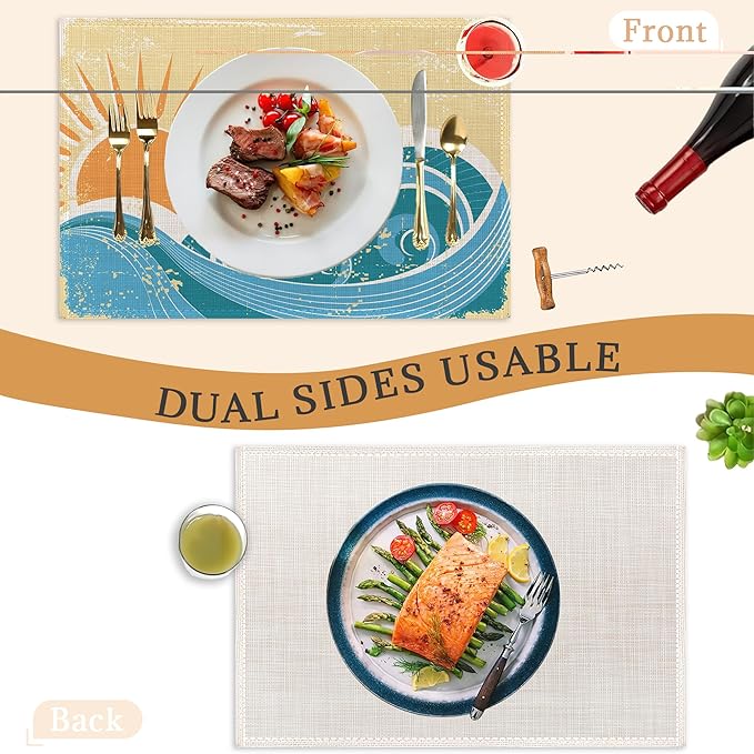 Japanese Style Waves Placemats Set of 6,Washable Heat Resistant 12×18 Inch Linen Table Mats Vintage Landscape Place Mats for Party Outdoor Dining Décor