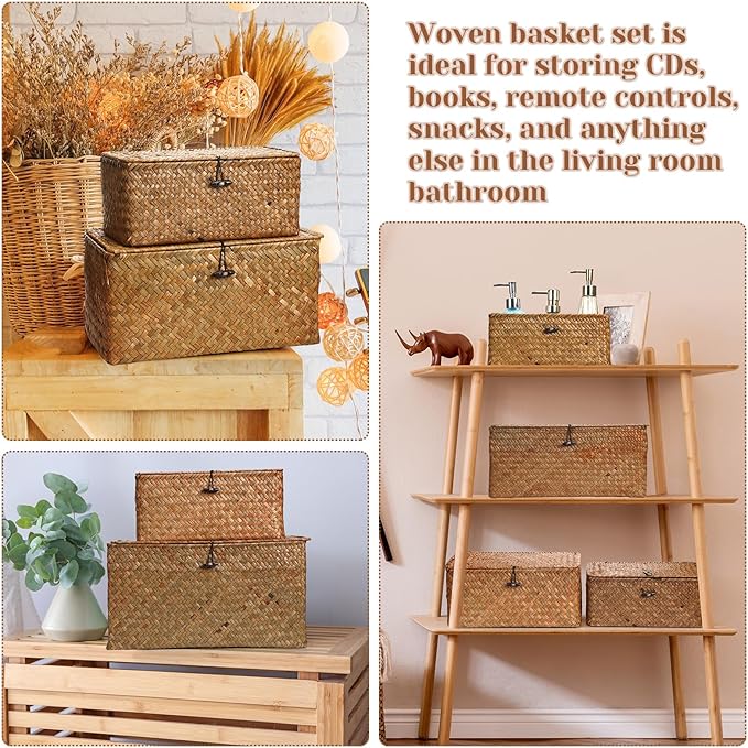 Kigley 6 Pcs Seagrass Basket with Lid Wicker Storage Decorative Boxes with Lids Bin Woven Organizer for Shelf Closet Bedroom, 6 Sizes(Classic Style,Dark Brown)