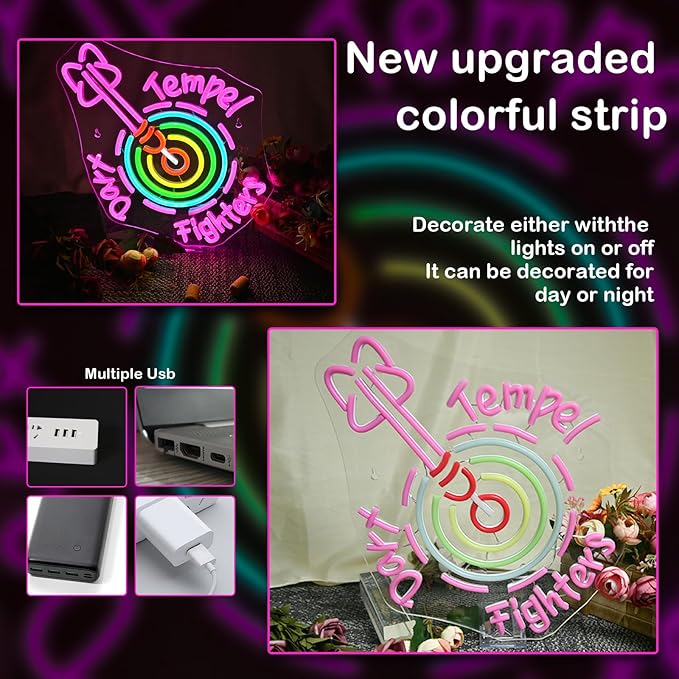 Gamerneon Dart Tempel Fighter Neon Sign Dart Board Light Neon Signs For Gaming Wall Decor Dimmable Colorful Light Up Signs For Gamer Girl Room Bedroom Game Man Cave Decoration Boys Gifts