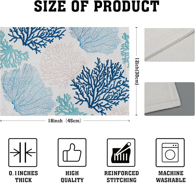 Giwawa Ocean Coral Placemats Set of 4 Summer Blue White Coral Reef Linen Table Place Mat Nautical Sea Marine Seaweed Heat-Resistant Place Mats for Dining Kitchen 12"x18"