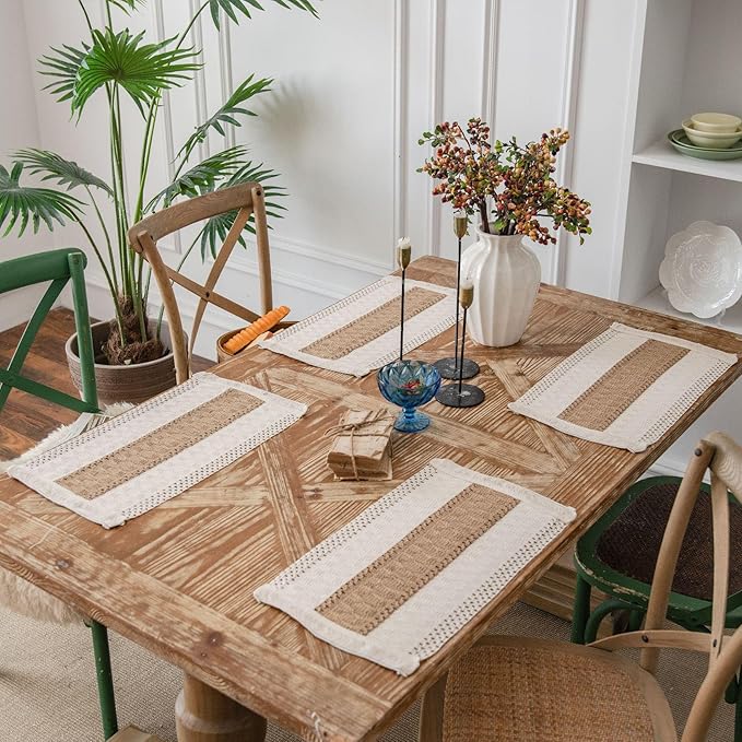 Boho Placemats Set of 4, Burlap Place Mats for Kitchen Table 12x19 Inches, Splicing Woven Rectangular Table Mats, Farmhouse Style Fall Table Decor for Rustic Wedding Bridal Shower