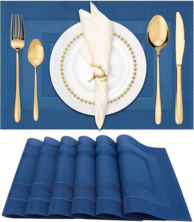 Winknowl Placemats for Dining Table Set of 6 Waterproof, Woven Place Mats for Kitchen Table Vinyl Heat Insulation Stain Resistant Placemats (Navy Blue)