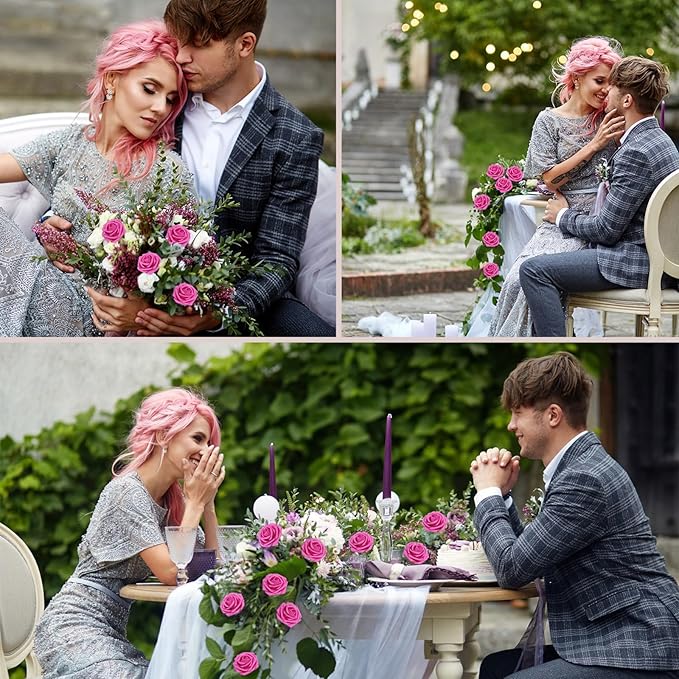 200Pcs Hot Pink Artificial Flowers Roses Real Looking Foam Fake Roses with Leaves and for DIY Wedding Bouquets Bridal Shower Centerpieces Party Decorations (Hot Pink, 200)