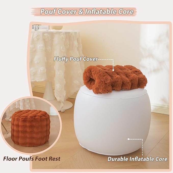 LIFEREVO Faux Rabbit Fur Round Inflatable Pouf Ottoman, 20" X 16" Fluffy Waffle Bubble Floor Poufs Foot Rest for Living Room Bedroom, Furry Pouf Foot Stool Kids Girls Adults, Anti-Slip, Burnt Orange