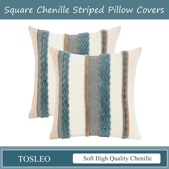 Tosleo Decorative Throw Pillow Covers 18x18 Set of 2 Boho Chenille Tufted Pillow Cover Textured Pillow Covers Striped Pillow Cases Accent Pillow Cases Farmhouse Cushion Case for Sofa Couch Bed,Blue
