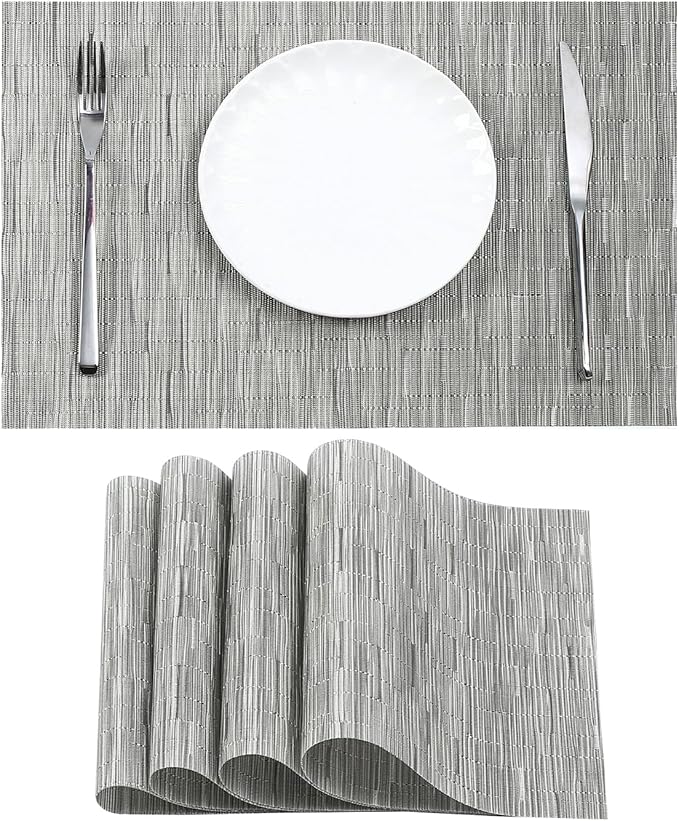 Leetaltree Silver Placemats Set of 4 - Heat Resistant Non-Slip Place mats for Dining Table, Washable Durable PVC Vinyl Woven Table Mats(Silver, 4)