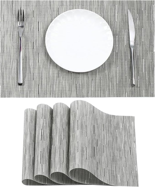 Leetaltree Silver Placemats Set of 4 - Heat Resistant Non-Slip Place mats for Dining Table, Washable Durable PVC Vinyl Woven Table Mats(Silver, 4)