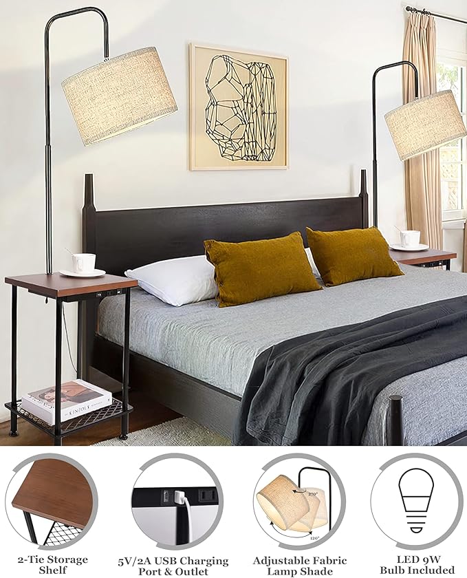 ELYONA Industrial Table Floor Lamp, Solid Wood End Table lamp with USB Type-C Charging Port & Power Outlet, Side Table Shelf Tall Pole Standing Light for Living Room,Bedroom,LED Bulb Included, Brown
