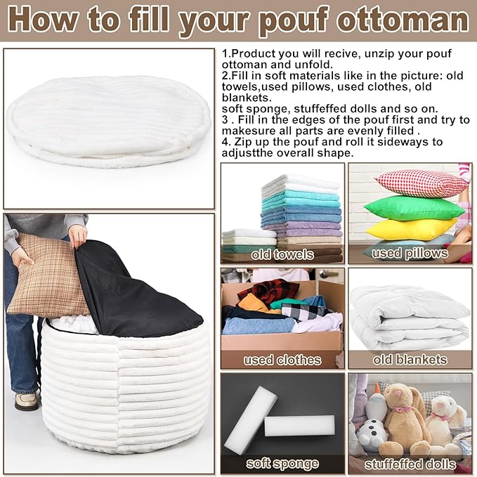 2 Pcs 26 x 18 Inch Unstuffed Pouf Cover Ottoman Foot Rest - No Filler, Faux Rabbit Fur Foot Stool Floor Bean Bag Floor Chair Storage for Living Room Bedroom Home Decor(Beige)