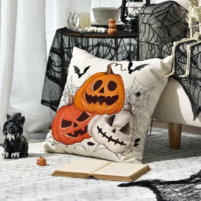 AVOIN colorlife Halloween Pumpkin Jack-O'-Lanterns Bat Throw Pillow Cover, 18 x 18 Inch Holiday Farmhouse Cushion Case Decoration for Sofa Couch