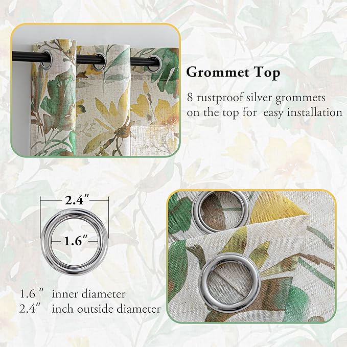 MYSKY HOME Floral Curtains 63 Inch Length Semi Sheer Drapes for Living Room Bedroom, Flower Printing Window Treatment Grommet 2 Panels,Yellow and Natural