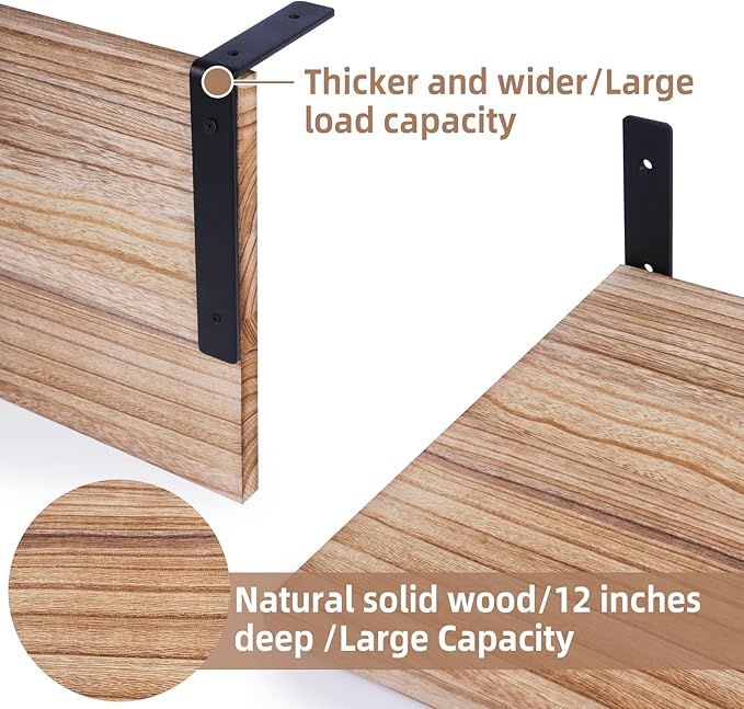 Floating Shelves Wall Mounted Rustic Wood, 12Inch Deep, Large Capacity Hanging Shelf for Home Decor(Living Room,Kitchen,Bedroom,Laundry),Storage Display Wall Shelves (Light Brown)