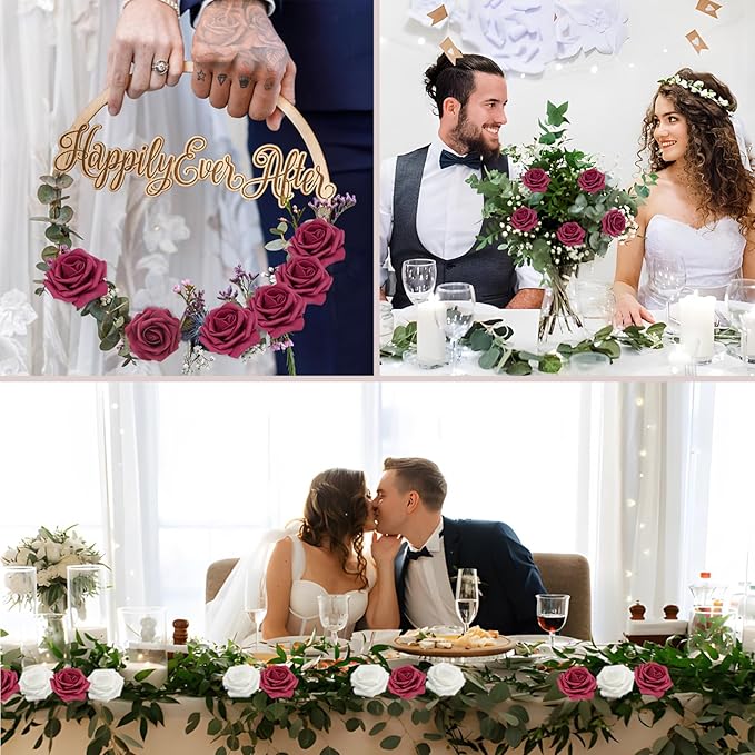 200PCS Artificial Flowers Burgundy Roses Real Looking Foam Fake Roses with Leaves and for DIY Wedding Bouquets Bridal Shower Centerpieces Party Decorations (Burgundy, 200)