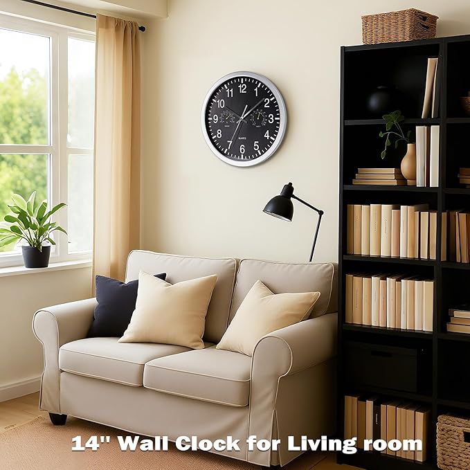 AYRELY® 14 Inch Silent Large Wall Clock with Temperature & Humidity – Battery Operated Decorative Clock for Home, Kitchen, Bedroom (Black, 14 Inch)