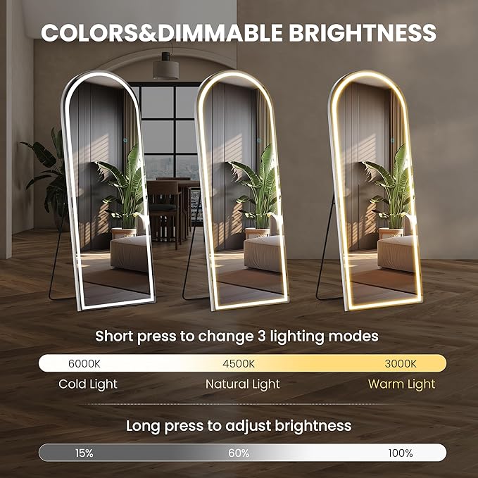 Sweetcrispy 71"x26" Arched Mirror Full Length with LED Lights and Stand, Lighted Full Body Wall Mounted Mirror for Bedroom, Living Room, White