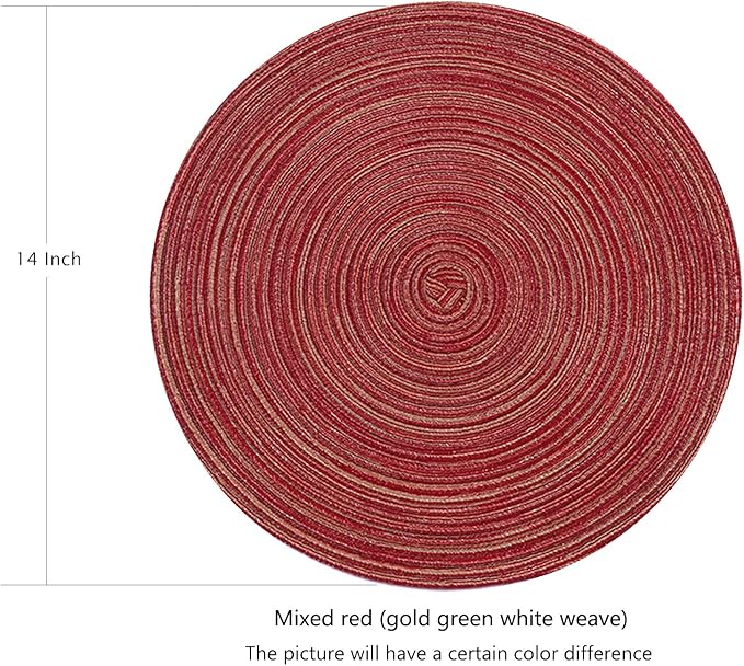 Topotdor 14 Inch Round Placemats Heat-Resistant Stain Resistant Anti-Skid Washable Polyproplene Table Mats Placemats (Burgundy Multi Color, Set of 6)