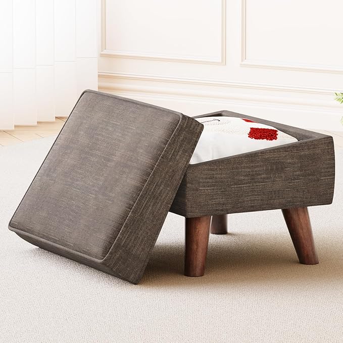 Small Footstool Ottoman with Adjustable Lid, Modern Storage Ottoman, Foot Rest for Couch, Foot Stool with Sturdy Wood Legs for Living Room, Bedroom, Enterway, Brown