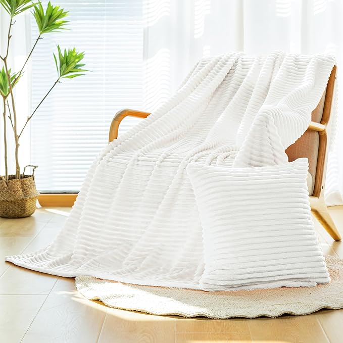 Vessia Flannel Fleece White Throw Blanket(50x71 Inch) for Couch with Pillow Cover(18 * 18 Inch), Warm Cozy Soft Striped Bed Blanket, Microfiber Ribbed Sofa Throw for All Season