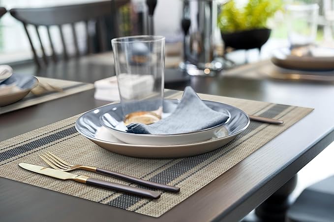More Décor Dining Table Placemats, Washable Heat-Resistant PVC Vinyl Table Mats for Dining Room and Kitchen, Anti-Slip - Set of 6 - Horizontal Striped Blue - Grey