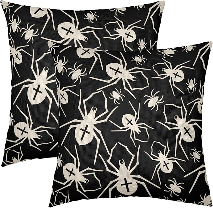 Black Halloween Pillow Covers 16x16 Set of 2 Cream Spider Print Outdoor Decorative Throw Pillows Holiday Scary Themed Farmhouse Pillowcases Linen Cushion Case Decor for Home Sofa Couch Bed