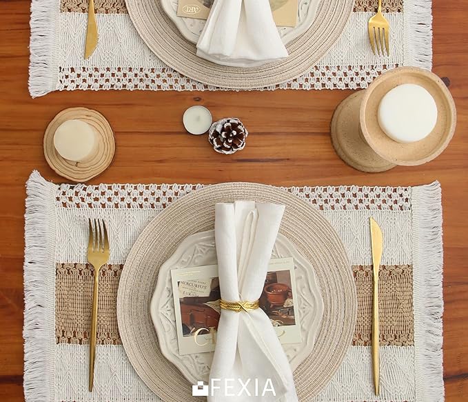 FEXIA Boho Placemats Set of 6, Macrame Table Decor and Farmhouse Style Placemats Natural Cotton Burlap, for Kitchen and Dining Table Centerpiece Home Decorations