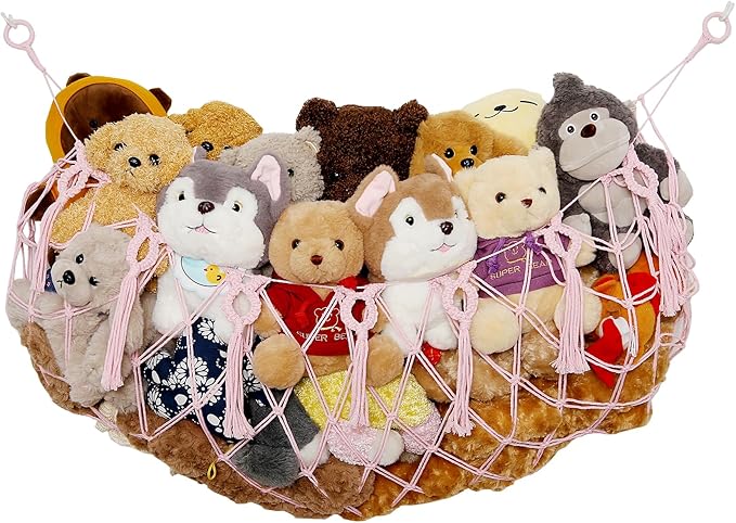 Stuffed Animal Soarage Hammock Macrame Toy Display Plush Toy Holder Ceiling Hanging Net for Stuffed Animal Storage -Light Pink, Small