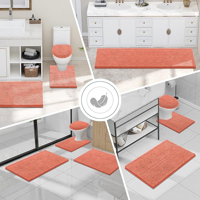 Smiry Luxury Chenille Bathroom Rugs 47x20, Extra Soft and Absorbent Shaggy Bath Mat, Machine Washable, Non-Slip Plush Carpet Runner for Tub, Shower, and Floor, Home Decor Accessories, Coral