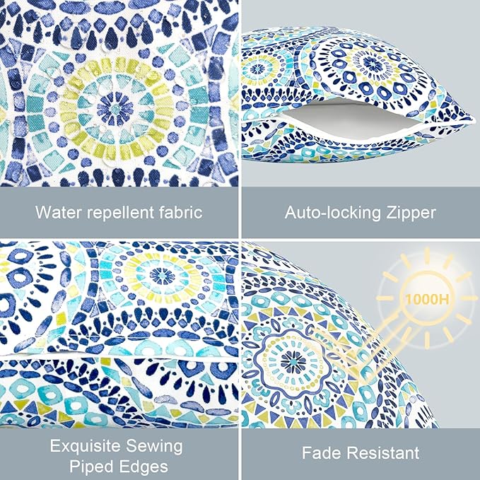 LVTXIII Outdoor Throw Pillow Covers 16x16 Decorative Accent Pillow Cases All Weather Square Cushion Covers for Sofa Patio Couch Use, Pack of 2, Delancey Baltic