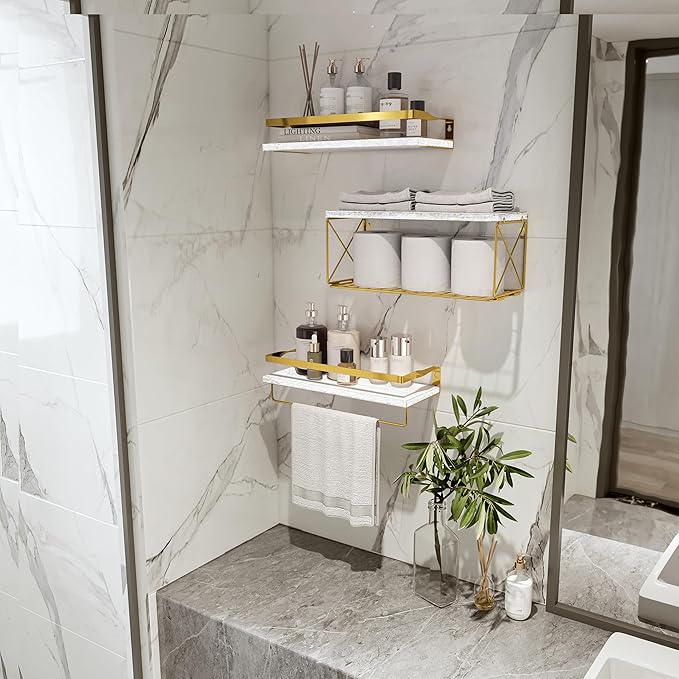 Bathroom Shelves with Wire Storage Basket, Floating Shelves Over Toilet with Protective Metal Guardrail, Wall Shelves for Bedroom, Living Room, Kitchen and Bathroom Toilet Paper