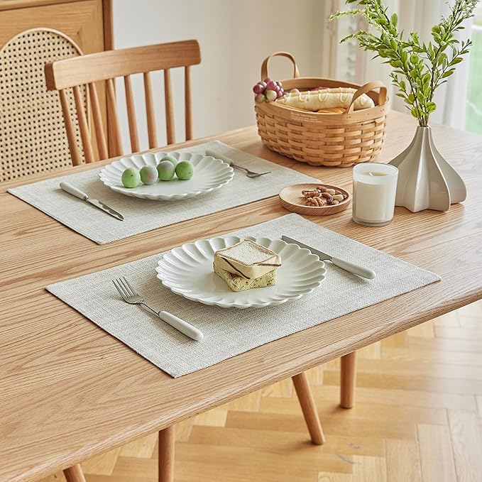 Softalker Faux Linen Placemats Set of 6-12 x 18 Inch, Heat Resistant Double Layered Durable Burlap Farmhouse Place Mats, Non-Slip Washable Rustic Table Mats for Dining, Kitchen, Party(Cream