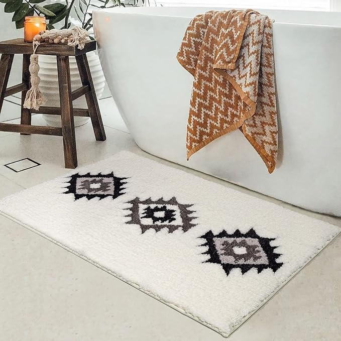 DEXDE Boho Bathroom Rugs Black White Bath Mat Non Slip Western Geometric Bath Rug Luxury Soft Modern Absorbent Carpet for Bathroom Shower Kitchen Entryway Farmhouse,24x36