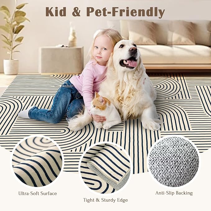 Washable Area Rug 5x7 - Boho Living Room Stain Resistant Soft Bedroom Ultra-Thin Indigo Modern Abstract Rainbow Indoor Carpet for Dining Room Nursery