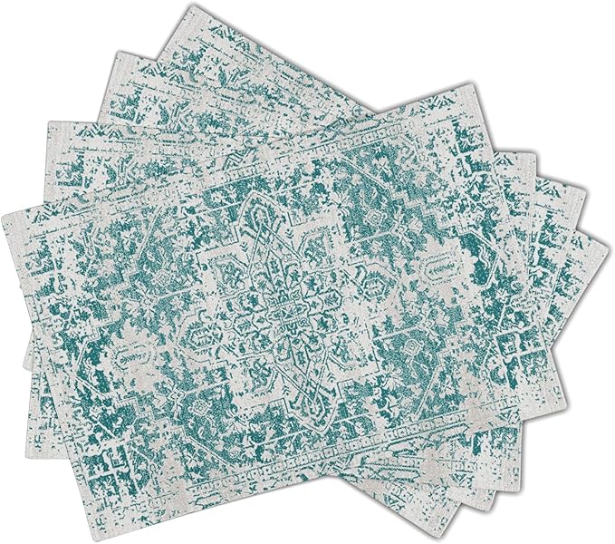 Gray Teal Boho Placemats Set of 4 Ethnic Bohemian Carpet Place Mats Washable Kitchen Dining Vintage Grey Geography Floral Linen Table Mats Stain Heat-Resistant Cloth Tabel for Home Party 12x18 in
