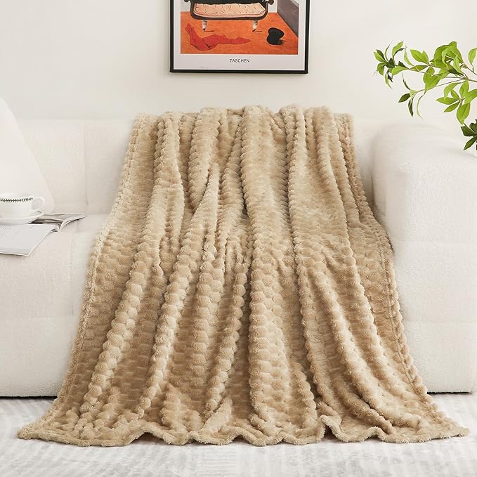 Puncuntex Beige Throw Blanket 60"×80" inches Fuzzy 3D Jacquard Decorative Flannel Fleece Super Soft Plush Cozy Blanket for Couch Sofa Chair Lightweight