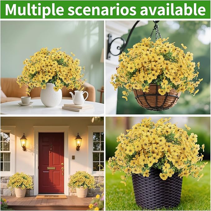 Artificial Flowers Outdoor, Faux Silk Flowers Plastic Plants for Outdoors Indoor Outside Front Porch Hanging Planter Window Box Garden Home Decoration, 14 Bundles(Yellow)