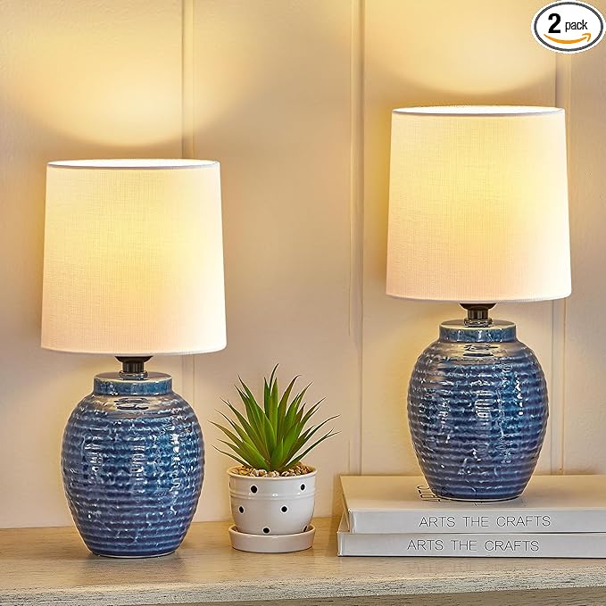 Ceramic Lamps Set of 2 - Mini Farmhouse Lamps Vintage Small Lamps Decorative for Small Spaces Bedroom Nightstand Living Room Reading Desk End Table Lamp, Blue