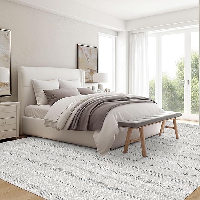 Deerly Washable 5x7 Rugs for Bedroom, Moroccan Farmhouse Area Rug 5x7 with Non-Slip Backing, Soft Low Pile Indoor Floor Carpet Boho Neutral Area Rug for Living Room Home Office Decor, Light Grey