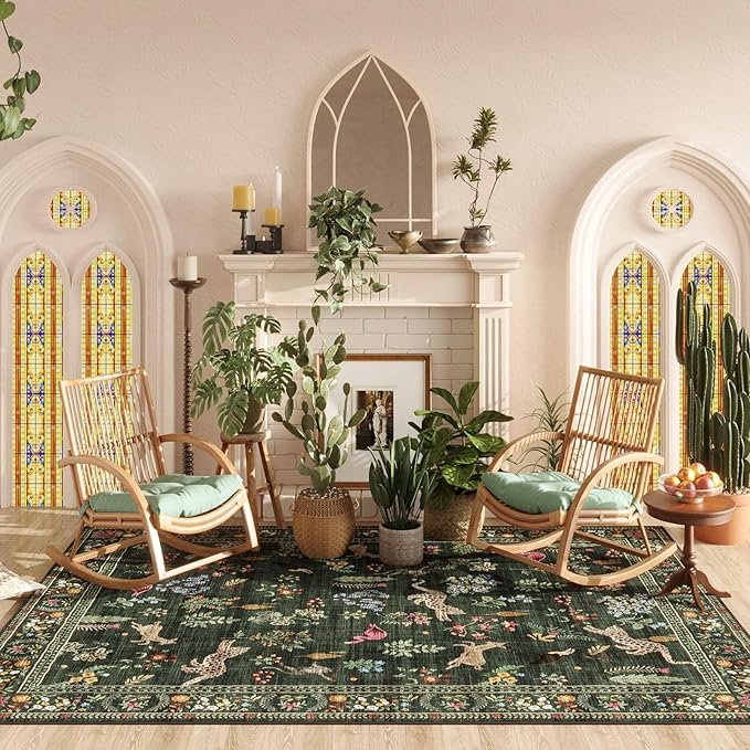 Living Room Rug 6x9 Rug Machine Washable Boho Area Rug Non Slip Floral Animal Vintage Low Pile Large Rug for Living Room, Bedroom, Farmhouse, Dining Room, Kids Playroom (Green)