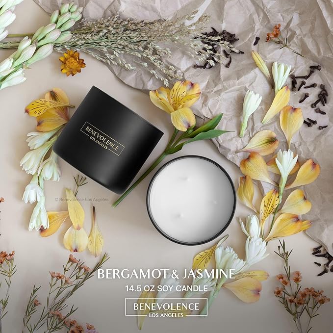Benevolence LA 3 Wick Candle, Bergamot & Jasmine Large Scented Candle | Soy Candles | Gifts for Women and Men | Home Fragrance | Aromatherapy | Bathroom Freshener | 14.5 Oz, 45 Hour Burn