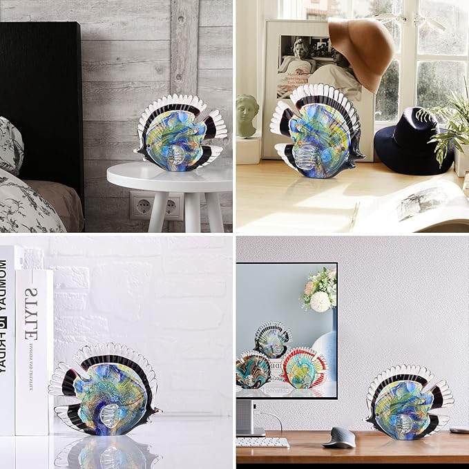 Blown Glass Fish Statues and Sculptures, Stained Glass Fish Modern Art for Coastal Style Home Decor, Shelves Office Fish Tank Bookcase and Entryway Entry Table Top Coffee Table.