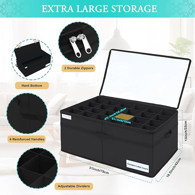 Shoe Storage Organizer, Fits 24 Pairs, Large Shoe Organizer Box for Closet, Clear Foldable Shoes Containers w/Bottom Support, Space Saving Shoe Cubby Storage Boxes w/Reinforced Handles, Black