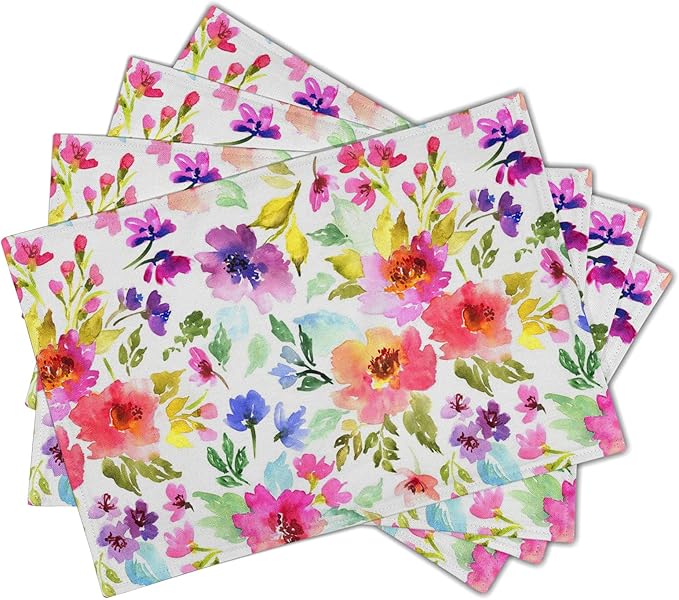Spring Summer Placemats Set of 4 Washable Non-Slip Heat Resistant 12×18 Inch Spring Floral Watercolor Multicolor Thick Place Mats Decorative Linen Fabric Table Mat for Dining Table Kitchen Home Decor