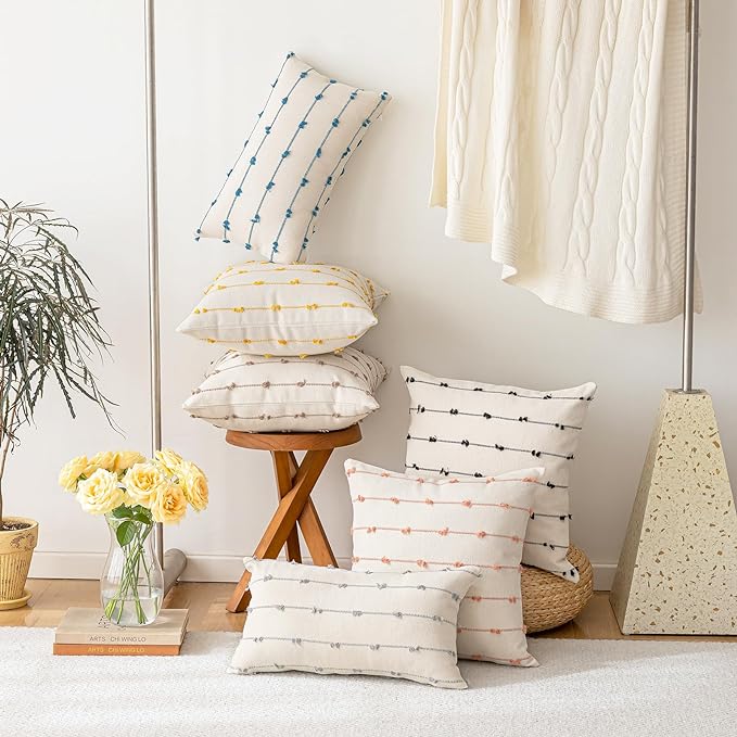 Boho Throw Pillow Covers 24x24 Set of 2 Modern Farmhouse Decorative Cushion Case Tufted Square Pillows Cover Neutral Pillow Cases Accent Pillowcase for Sofa,Couch,Bed,Beige and Grey
